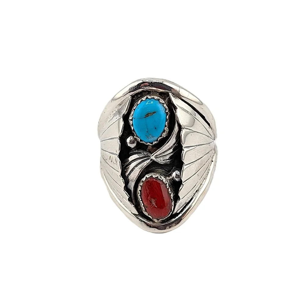 Navajo Men's Ring Sterling Turquoise Coral by J. Begay 13.5 Southwest Artisan*** - Picture 2 of 9